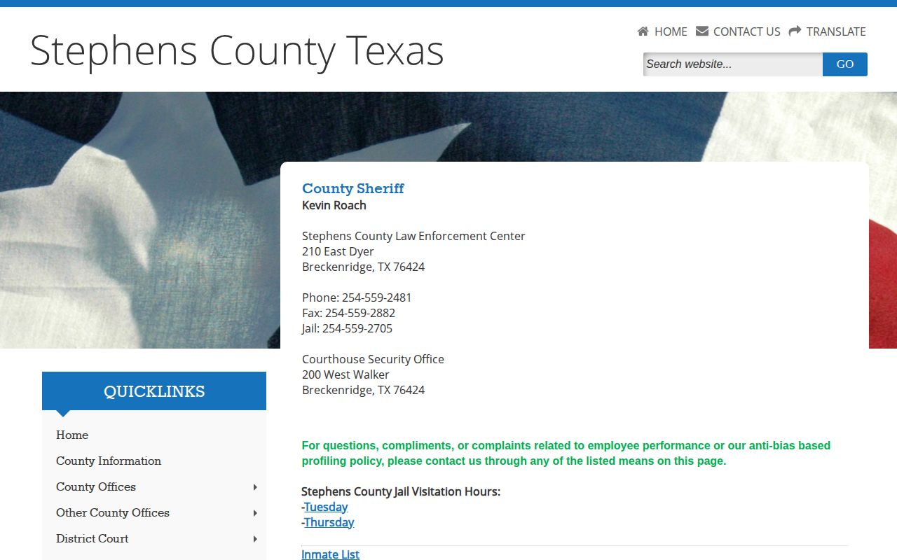 Stephens County Sheriff official page for warrant and custody contacts