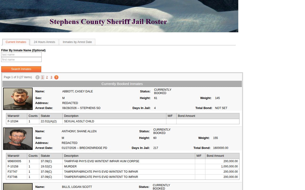 Stephens County Texas jail roster source for booking records